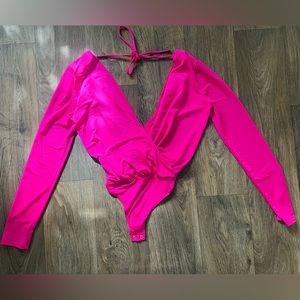 Hot Pink Deep V Neck Long Sleeve Bodysuit